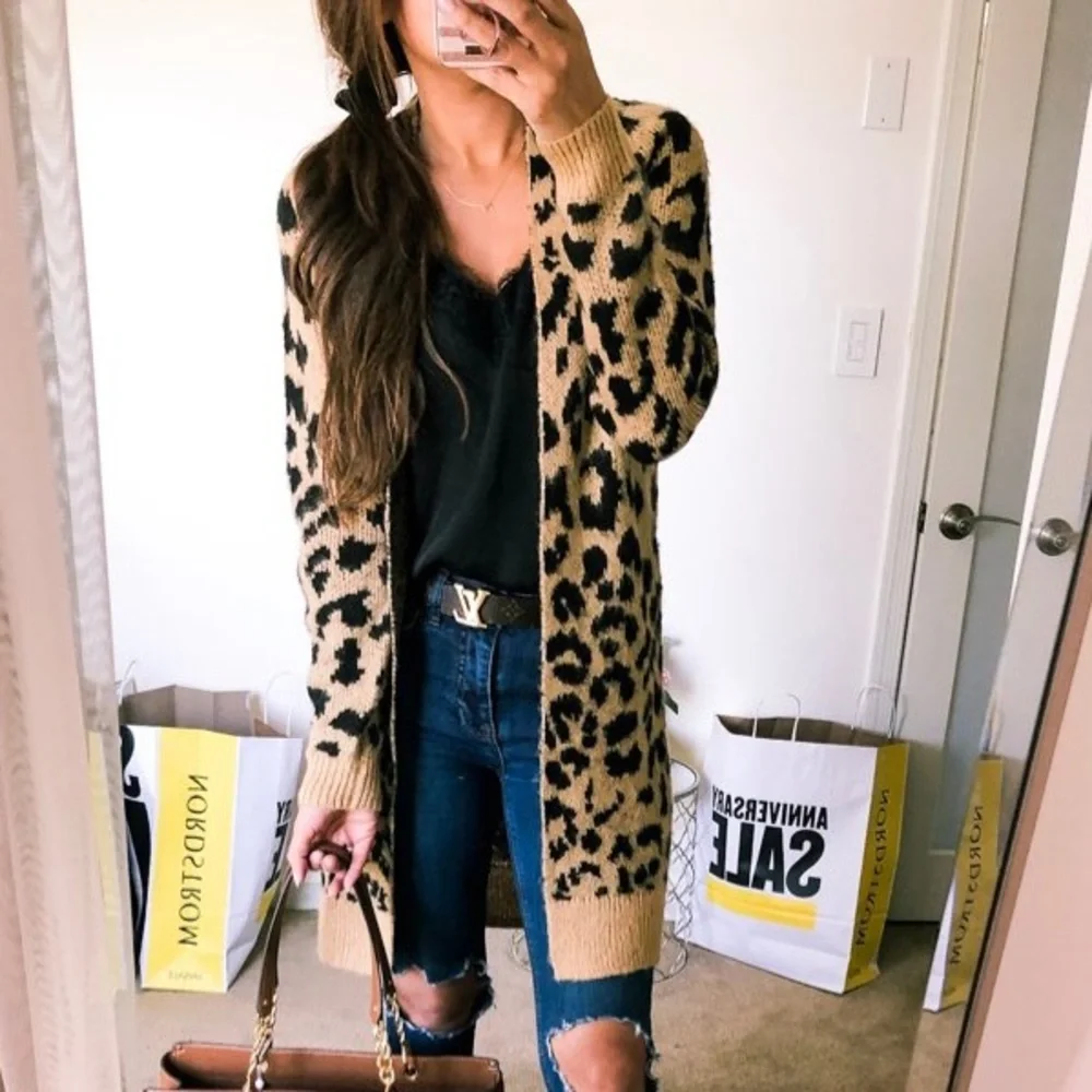 bp • Leopard Animal Print Jacquard Knit Long Open Cardigan Sweater - Picture 7 of 7